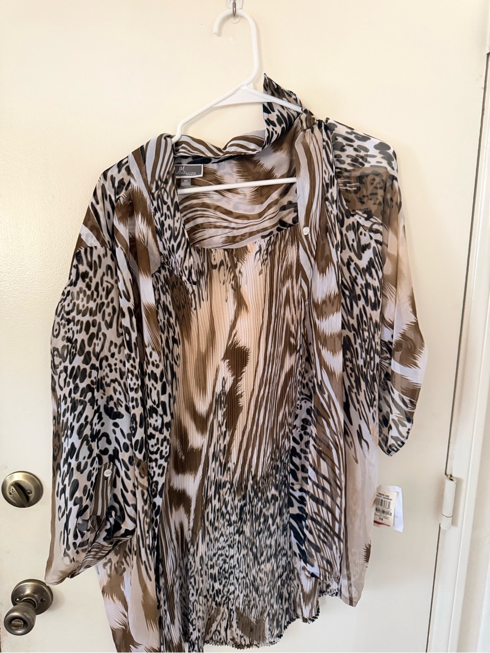 JM Collection Mixed Animal-Print Sheer Tunic in Brown and Cream